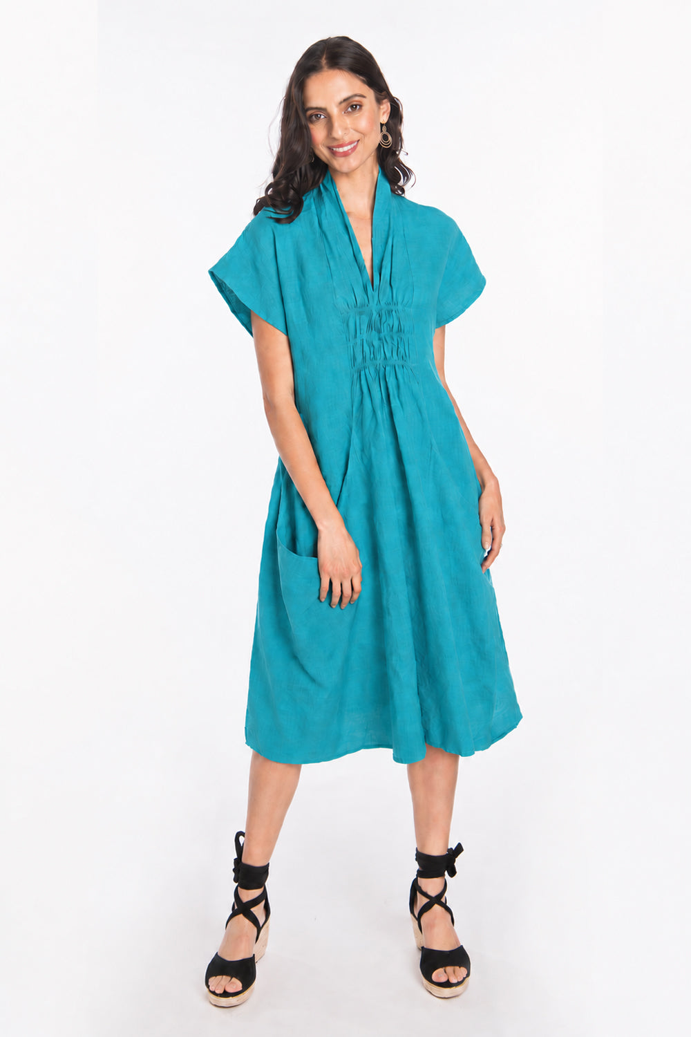 luna luz linen dress Luna Luz Shawl Collar 26' Dress Khaki