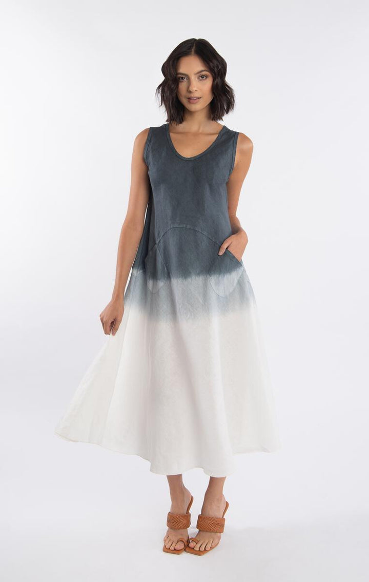 linen tank dress midi Linen Midi V Neck Tank Dress W/ Pockets-CANARY-XS
